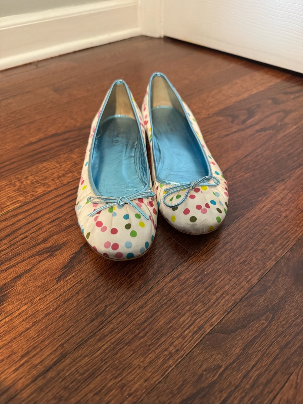 Coach White Polka Dot Ballet Flats with Blue Trim